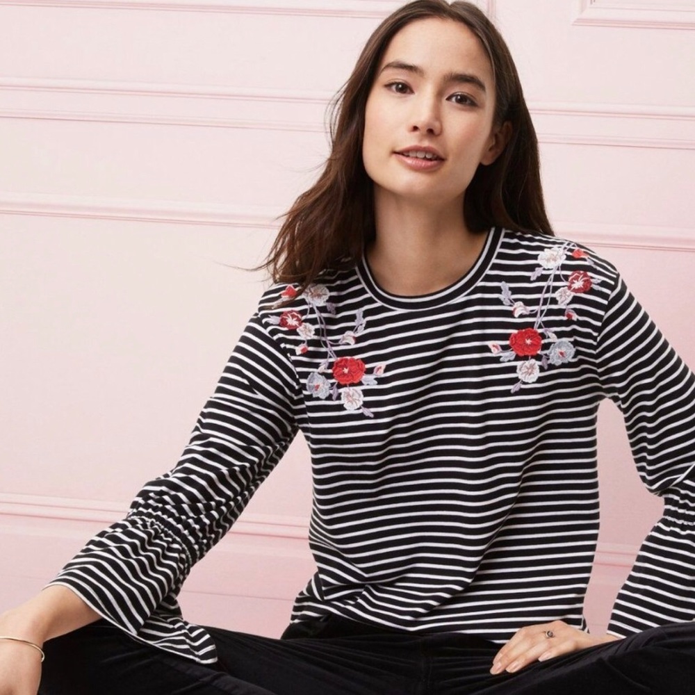 LOFT Embroidered Striped Bell Sleeves Tee Size L - Picture 1 of 8